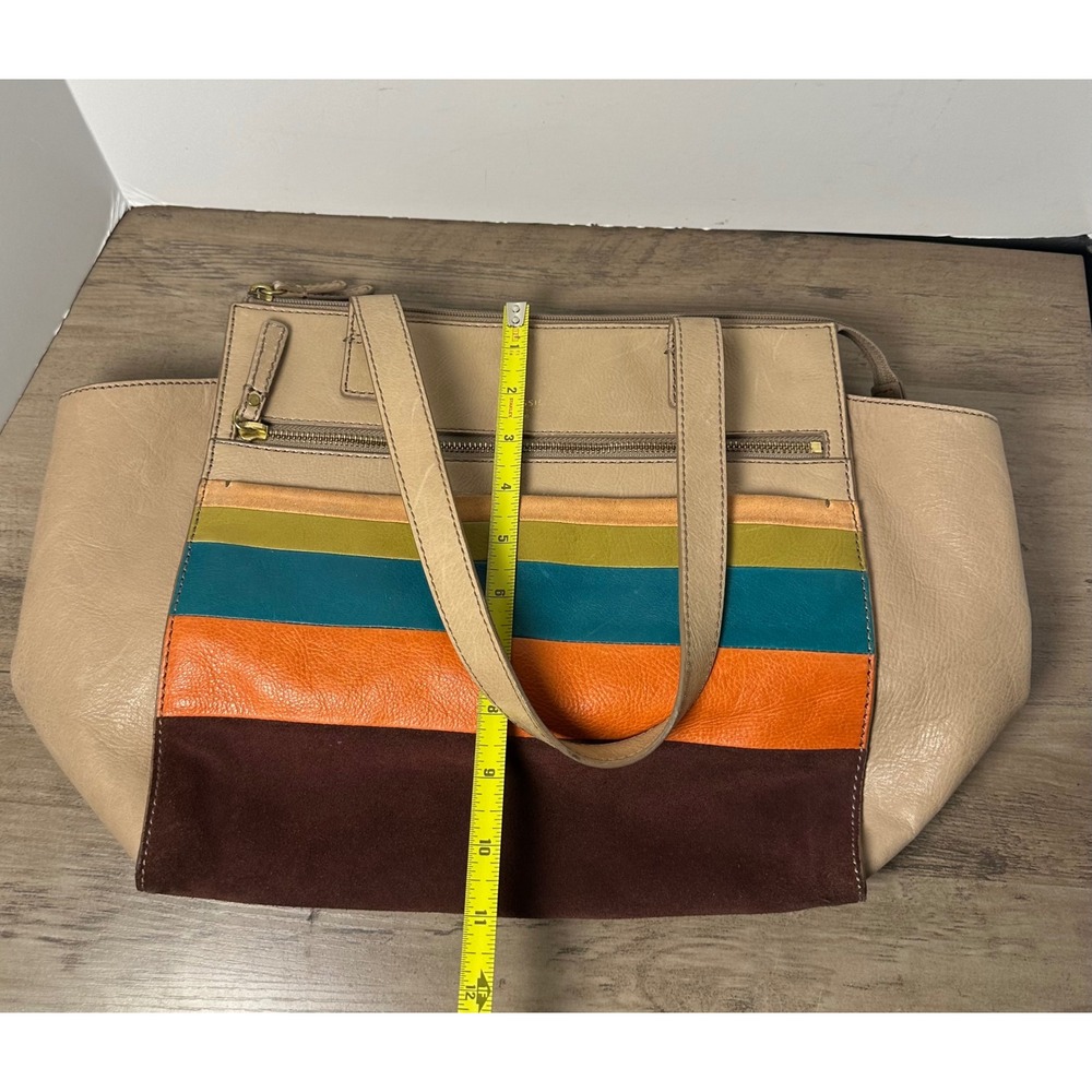 Vibrant Color Block Tan Fossil Shoulder Zip Too Handbag Large Tote - Picture 8 of 10